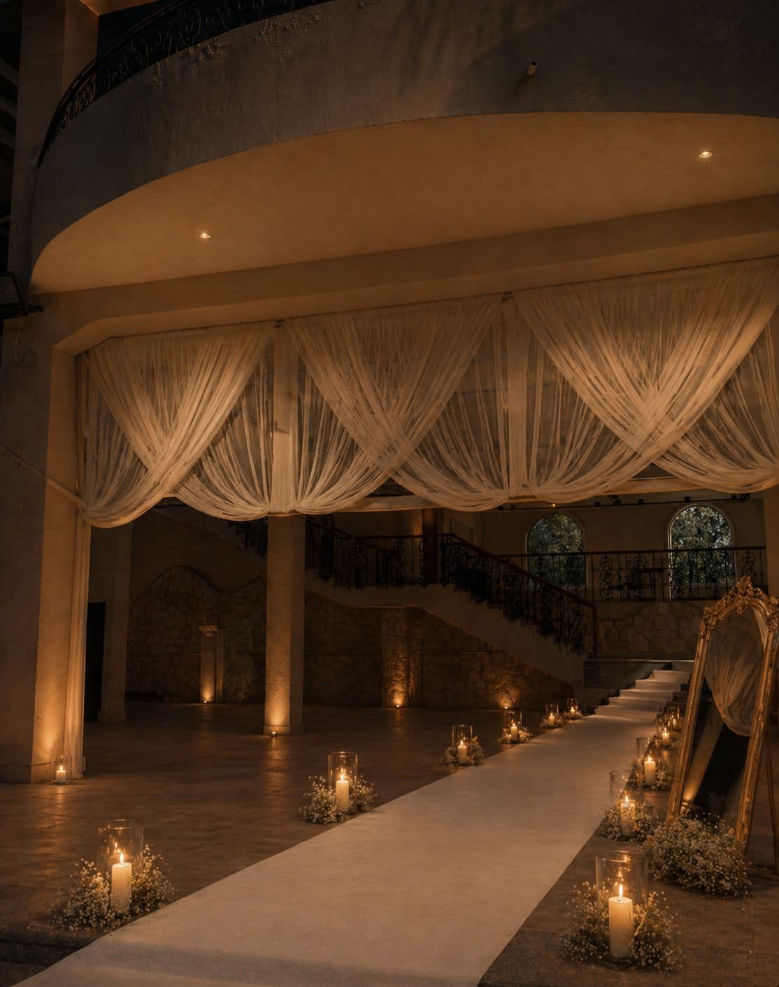 A long open-buffet table at golden hour